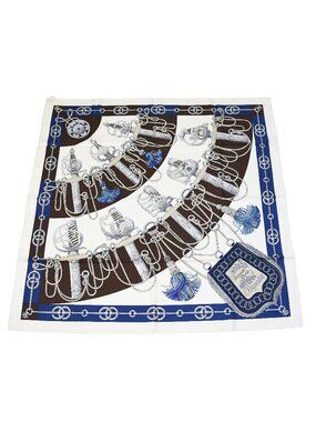 Hermes Cliquetis Twilly Silk Square Scarf White Blue Brown